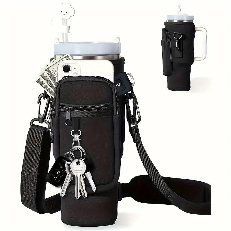 Water Bottle Carrier Bag With Phone Pocket For Stanley 40 Oz Tumbler With Handle-Black